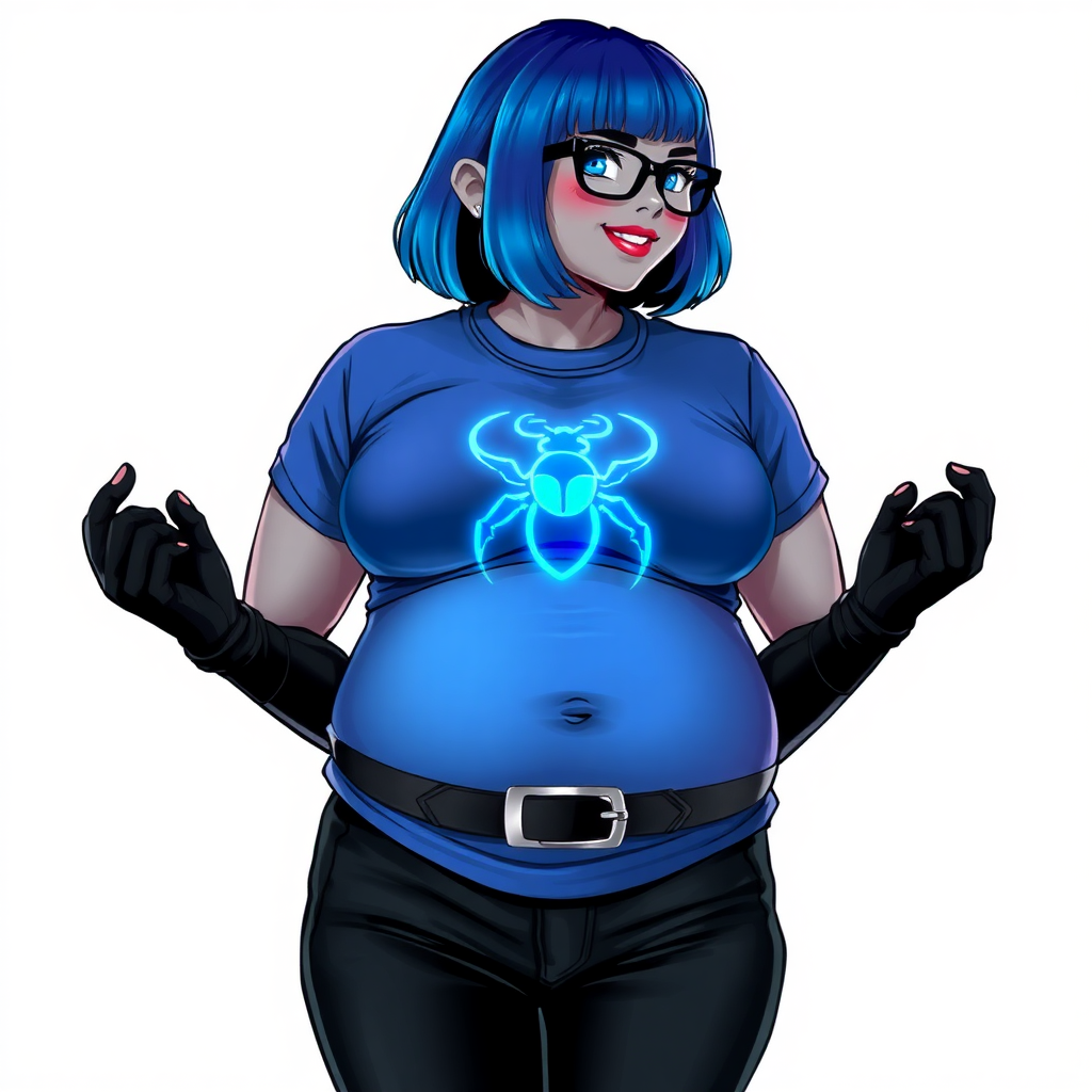 A 28-year-old, full-figured, metallic middle gray skinned computer program hybrid with a maximum blue bob cut. She has a non-athletic build, highlighted by a prominent, round, large midsection (with a full emphasis on her belly). As a digital sidekick, computer hacker, and nerdy girlfriend to her cyberpunk vigilante boyfriend, her middle gray metallic skin and maximum blue lipstick emphasize her digital nature. She wears a costume consist of a tight-fitting, maximum blue t-shirt (accentuating her large belly) with a neon blue glowing chest icon of a beetle, black pants, a black belt with a sapphire scarab buckle, and black gloves. Her bright blue eyes, black eyeglasses, and lovestruck smile with neon red blush accentuate her nerdiness. She stands bashfully with her hands behind her back, her t-shirt covering all her skin (especially her large belly) and emphasizing her full-figured, non-athletic physique. She is on a solid white background. She is drawn as if she was in a retro 2D cyberpunk fighting game. She is clearly non-athletic, with emphasis on her full-figured and pudgy physique. Ensure her t-shirt covers her midsection (especially her large belly).