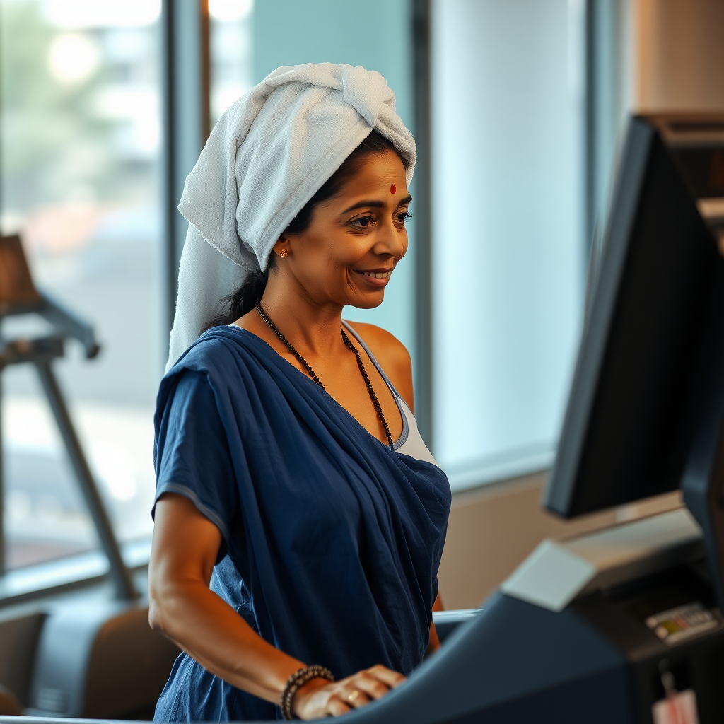 Indian wife, towel head, working out on Treadmill