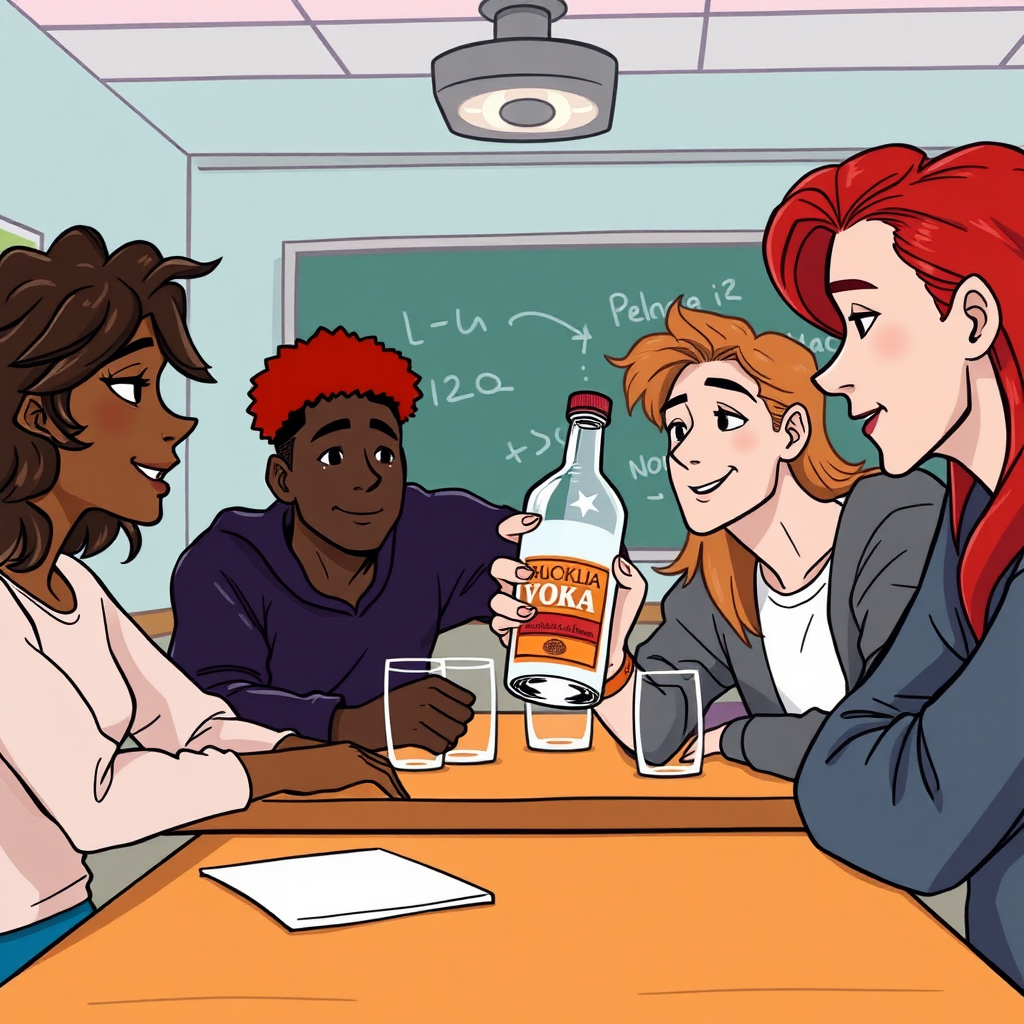 A Black person with wavy hair, a short curly red-haired guy, a guy with long light brown hair, and a non-binary person with red hair are all together drinking a bottle of vodka in a classroom at school during a lesson in an animated style.