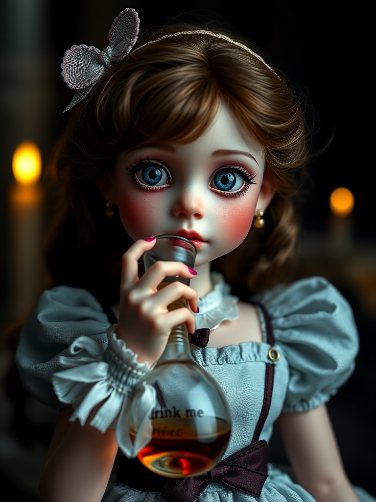 Alice in Wonderland, drinking from a flask that is labeled "drink me", ooak art doll, artist doll, realistic doll, life-like porcelain doll, unique personality, stunning eyes, bisque doll, portrait photography, low key lighting, dept of field, studio photography, full body shot, lively pose