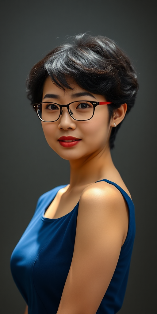 High-definition image quality, a Chinese woman, short hair, curly hair, wearing glasses, small chest, full thighs, full hips, blue dress, black hair, full body shot.