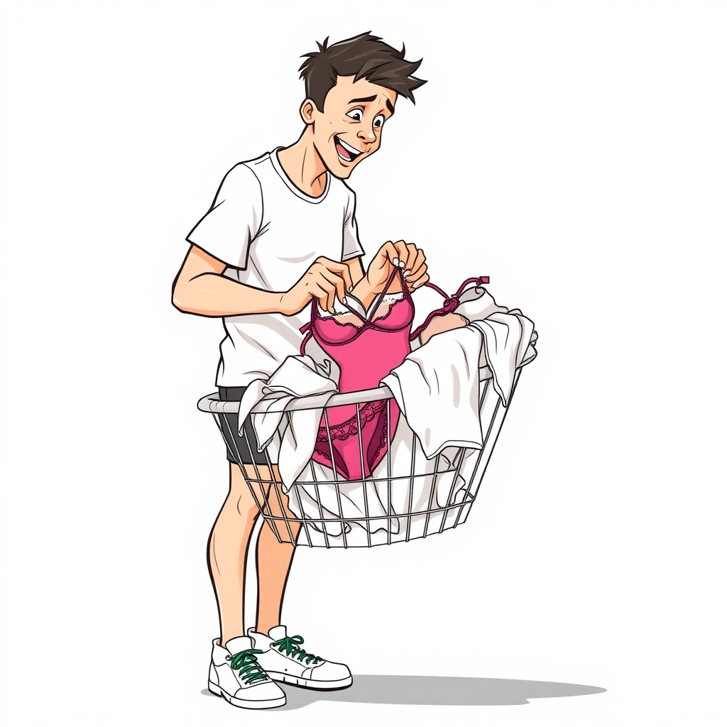 nervous short 20 year old european skinny man, short white t-shirt, standing, stunned, mesmerized, joyful, aroused, heavy drooling, heavy sweating, fumbling through a small dirty laundry basket full only of sexy woman heavily stained worn lingerie, detailed fabric, side view, sneakers, detailed feet, 2D, caricature, cartoon, Sketch lines, coloring book, coloring book