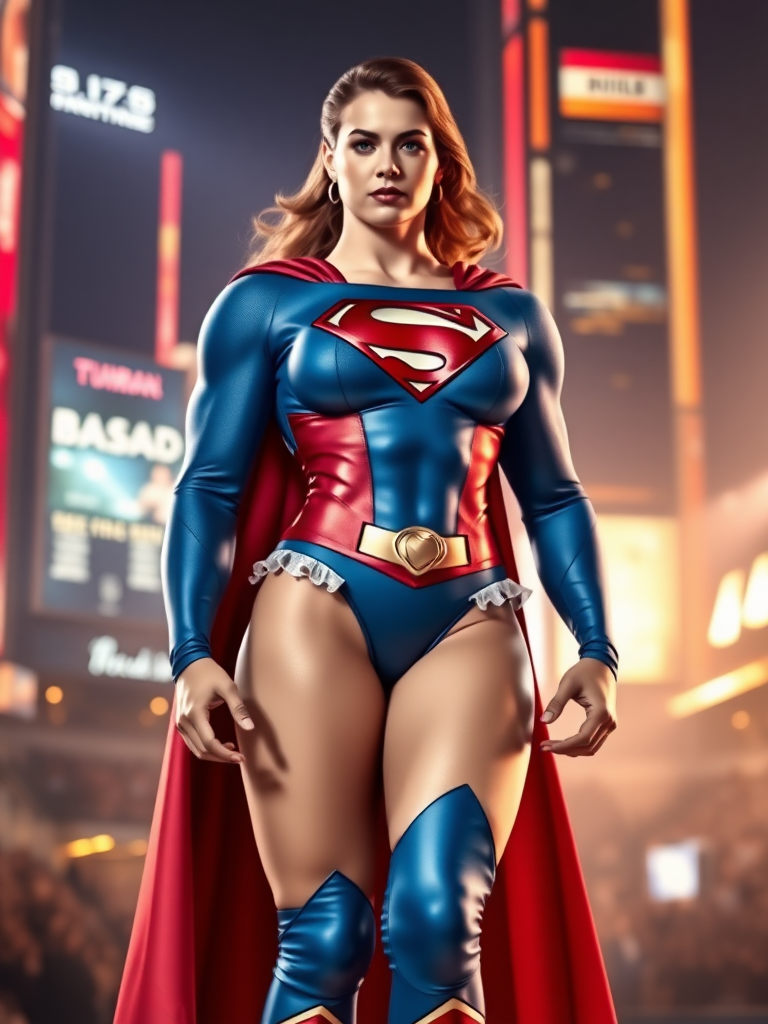 Create a full-length image of Superman with the female body traits of R Mika. Maintain Superman's head and face but give the character a strong, muscular yet feminine physique, emphasizing an athletic torso, broad shoulders, and an hourglass waist. Retain his core costume, adding elements from R Mika's outfit, like the color scheme and frilled accents. Set this hybrid character in a dynamically lit cityscape, blending the heroic essence of Metropolis with the vibrant, energetic vibe of a wrestling arena.