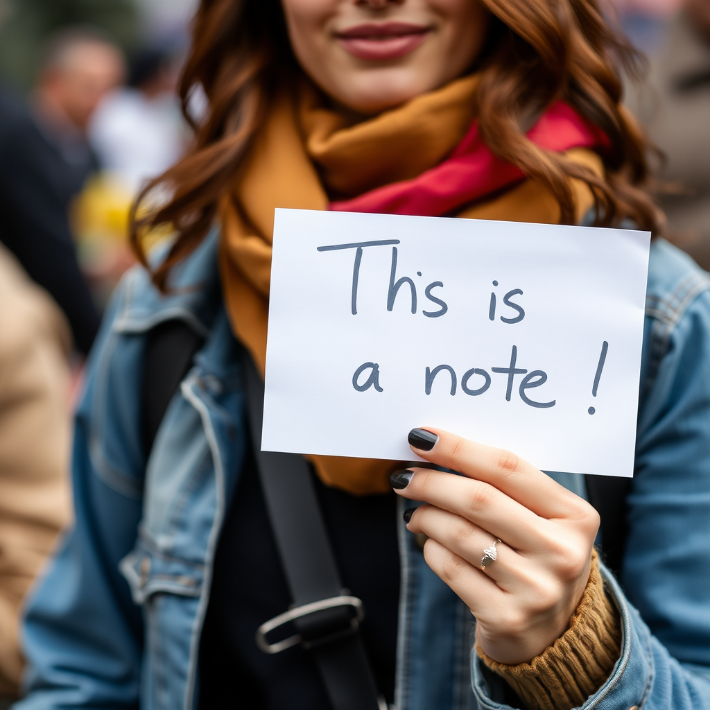 A woman holding a sign saying "This is a note"