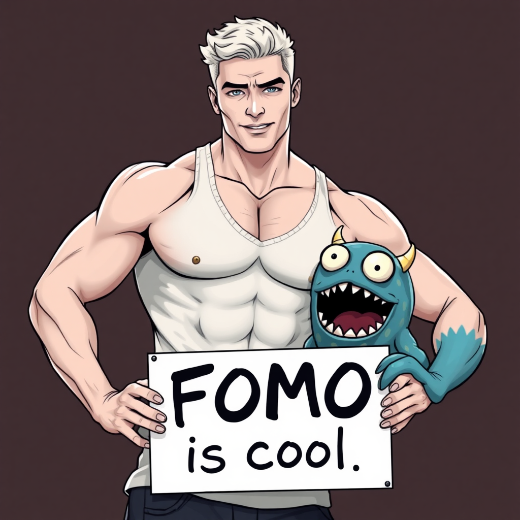 handsome white male, muscular, v-shaped torso, friends with a FOMO monster, holding "FOMO is cool" sign