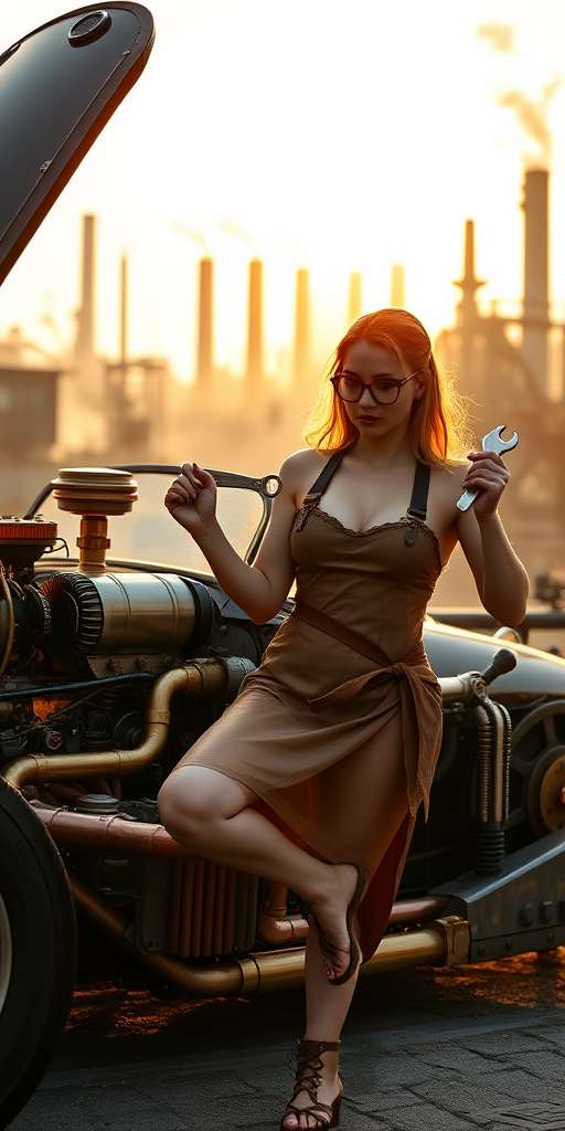 Highly detailed, hyper-realistic professional photograph of a late-model steampunk-style car with intricate brass gears and copper pipes; The hood of the car is open, revealing the mechanical engine inside. A woman in a see transparent bikini, holds a wrench, wears a leather apron and glasses and inspects the engine. The scene takes place during the golden hour, when warm sunlight reflects off the brass components and creates soft highlights on the woman. The background is a blurry industrial steampunk cityscape where gears, chimneys, and slowly rising smoke create a sense of depth and atmosphere. Shot from a low-angle perspective with a 35mm lens, the shallow depth of field keeps the car and woman in sharp focus, while the background fades into softness. Every detail of the scene, from the scratches on the metal to the texture of the woman's clothing, is rendered in stunning detail, enhancing the steampunk aesthetic. Photorealistic, 24k resolution, unreal engine quality.