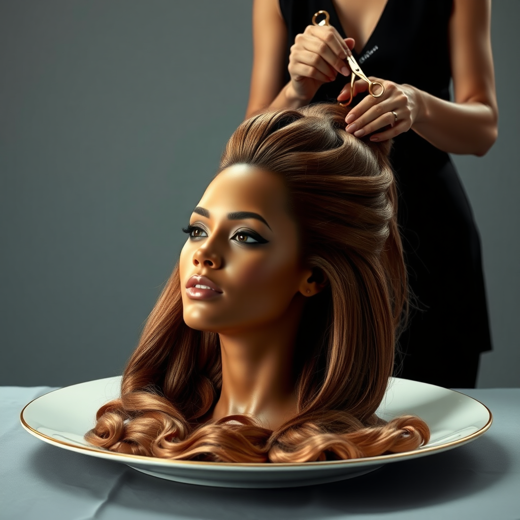 In a surreal and provocative scene, a beautifully tethered, disembodied head of Beyoncé rests gracefully on an elegant porcelain plate, her long, luxurious hair cascading like a waterfall of silky strands around the edges, creating a striking contrast against the stark, muted gray background. The sheen of her skin glows softly, exuding an air of ethereal beauty, while her chin rests directly on the plate, poised and serene. Behind her, a skilled hairdresser, clad in chic black attire, stands with a focused expression, gently teasing and arranging her magnificent hair with nimble fingers, creating intricate patterns that defy gravity. The atmosphere is oddly intimate yet surreal, blending an appreciation of beauty with an unsettling twist, as soft light casts subtle shadows, enhancing the textures of both hair and porcelain. The air is filled with a quiet stillness, broken only by the subtle sound of the hairdresser’s scissors snipping rhythmically and the faint fragrance of hair products mingling with the cool air, heightening the unusual but captivating atmosphere of the scene.