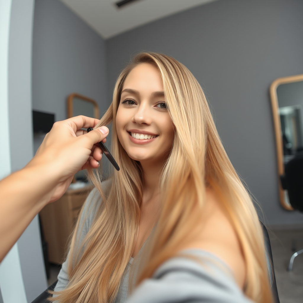 POV, beautiful very long haired blonde woman sitting in a hair salon smiling at the camera while I reach out from behind the camera to trim her very long hair. Plain gray background.