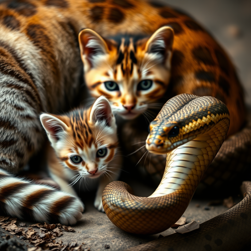 A little kitten hides behind its mother cat, and in front of the mother cat is a king cobra; the mother cat and the snake are at a standstill.