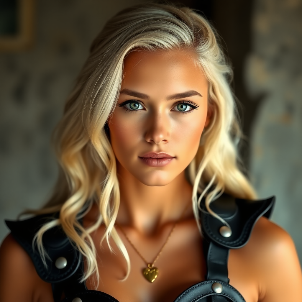 Portrait of a beautiful young woman with long wavy platinum blonde hair, green eyes, a suntan, large breasts, and light brown eyebrows. She is wearing black leather armor and a gold necklace with a small heart pendant. Her face and body are facing the camera and light is coming from behind the camera.