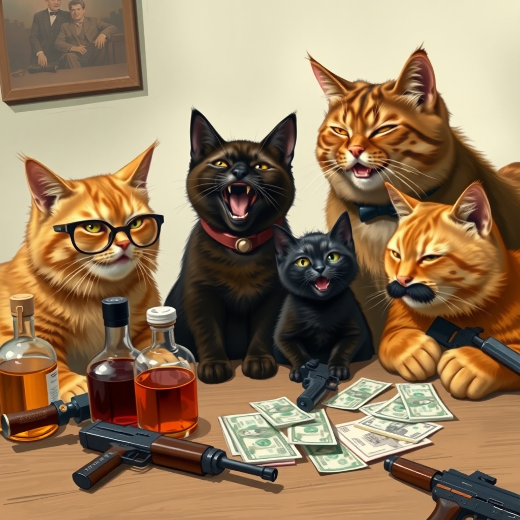 4 cats, a brown one with round glasses, a dark brown one with a collar and gold teeth, a small black one with earrings, and an orange one with an Hitler mustache, all laughing together around a table with alcohol, bills, and realistic weapons.