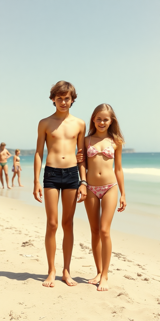 A vintage photo, 1970s. A skinny 14yo teen boy and girl. On beach. British. Long legs, bare thighs. Hot summer. Full length view.