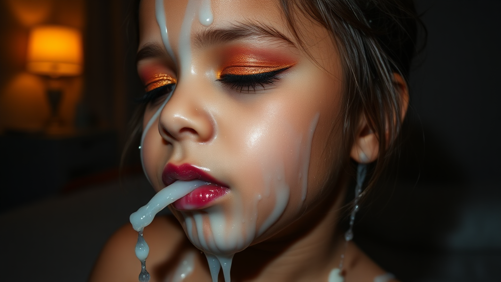 four-year-old-latina-female-child.  
She is wearing intense-orange-glitter-eyeshadow, thick-winged-eyeliner with very-dramatic-eyeliner-wings, and dark-burgundy-glossy-lipstick.  
Her face is covered with very thick random-angle streams of goopy, stringy, glistening, clear liquid with a white hue.  
Her lips are coated with the goopy liquid.  
She has her eyes closed.  
She appears to have received a facial.  
A stream of the liquid is flying horizontally towards her mouth.  
They dumped so much liquid on her face.  
Full-body-image, dark motel room at night, amateur flash photography, up-angle-shot, profile view.