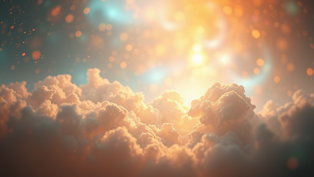 mandelbulb clouds, Low Key Lighting, dreamscape, nebula, Bokeh, abstract, brilliant colors, glittering, translucent, iridescent, glowing, artistic photo, panoramic, airy, original, experimental, fractal, generative art, calm, cinematic shot, opal, gold, preteen girl