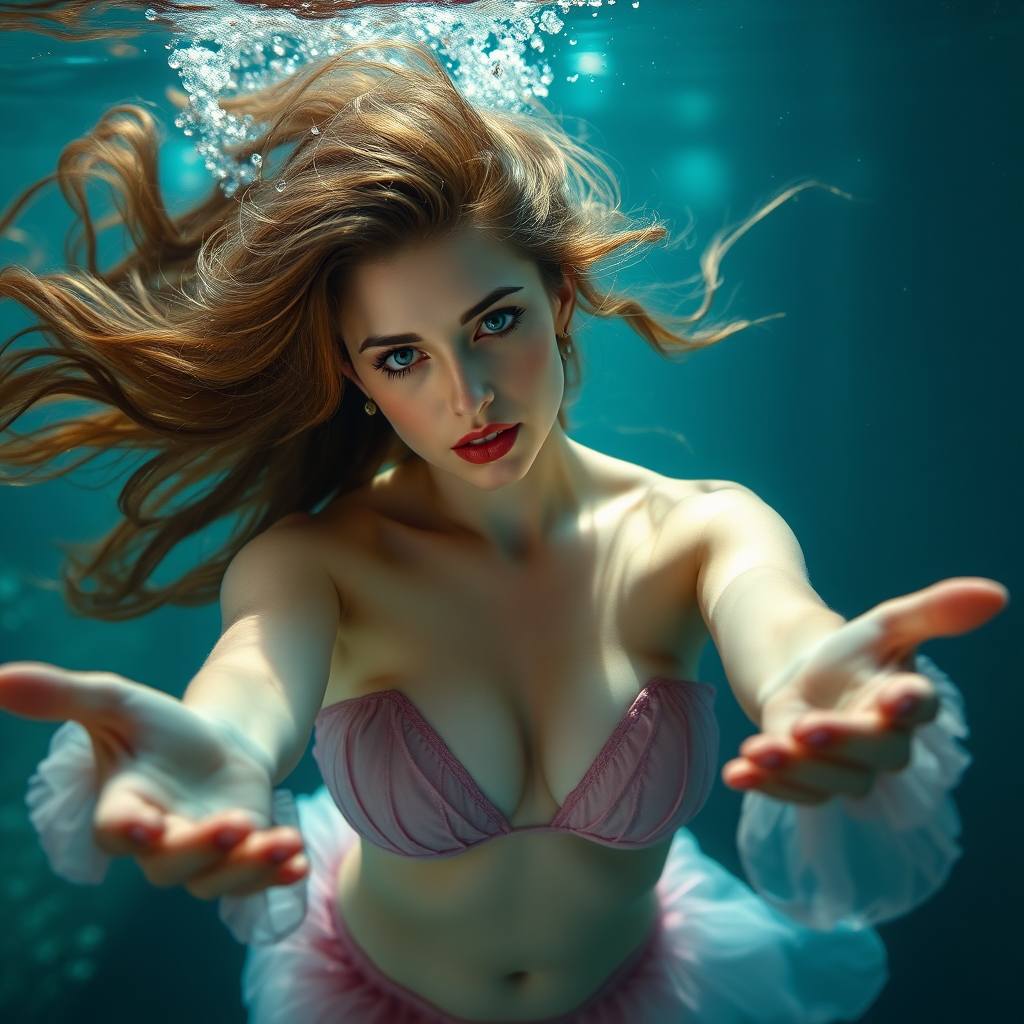 Succubus as a mermaid underwater loose hair floating in a nimbus around her beautiful face her arms outstretched towards the viewer and she's looking down into the viewer's eyes making intense eye contact. loose fitting diaphanous. Real DSLR HD Photography. Burlesque