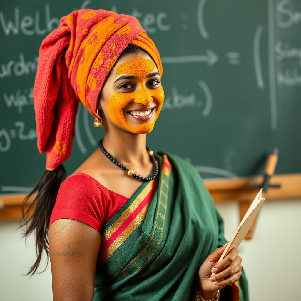 slim, 30 year old, sexy, indian female school teacher, saree, towel head, turmeric face mask. She is smiling and teaching on a blackboard