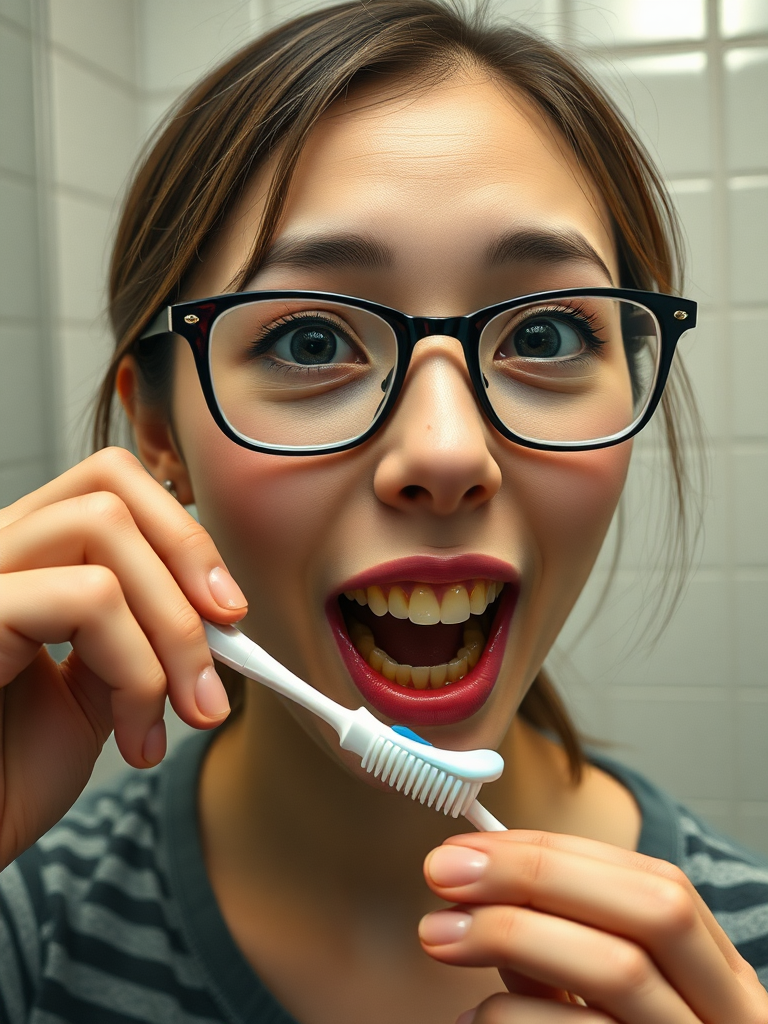 detailed, perfect proportion, high realism, real casual photo, japanese nerdy skinny woman with big nose, big mouth, big yellowish teeth, moles, big eyeglasses and medium hair, retarded, she is putting a toothpaste called "CUM" on her toothbrush