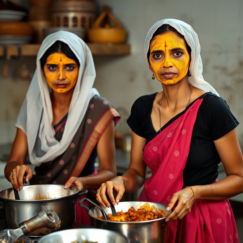 2 slim, 30 year old, Indian maids with hair coverings. They are cooking food in the kitchen. Their face is covered with turmeric face mask.