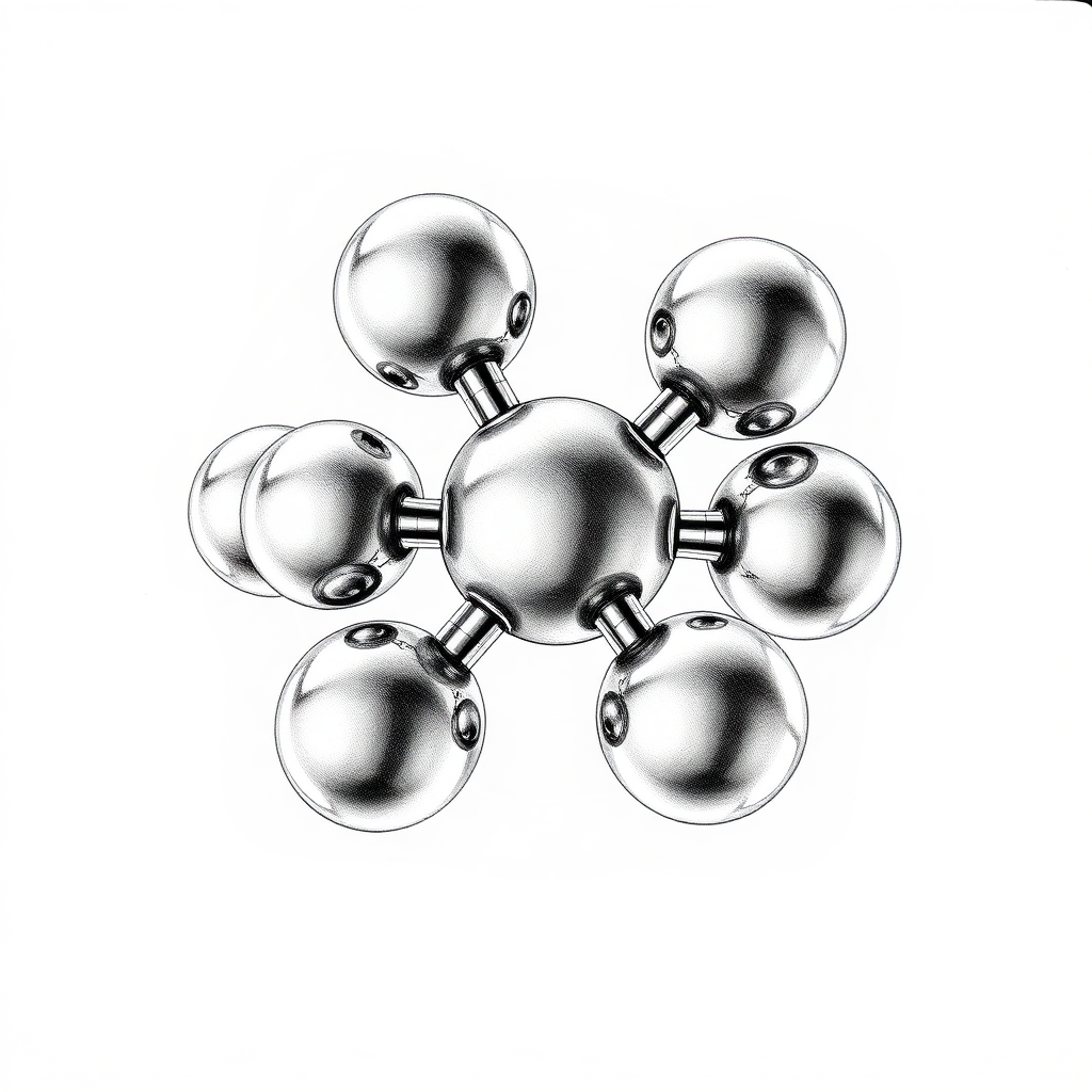 Five connected spheres of mercury in a ring in between two other spheres, spinning top, fidget spinner, toy, small spheres, isometric, side view, symmetric, pencil drawing, impossible architecture, black and white, atomium, in the style of Escher, reflective, raytracing, seven atom molecule, iron, metal, liquid, trickery, intricate details, clipart, line drawing with pencil shading.