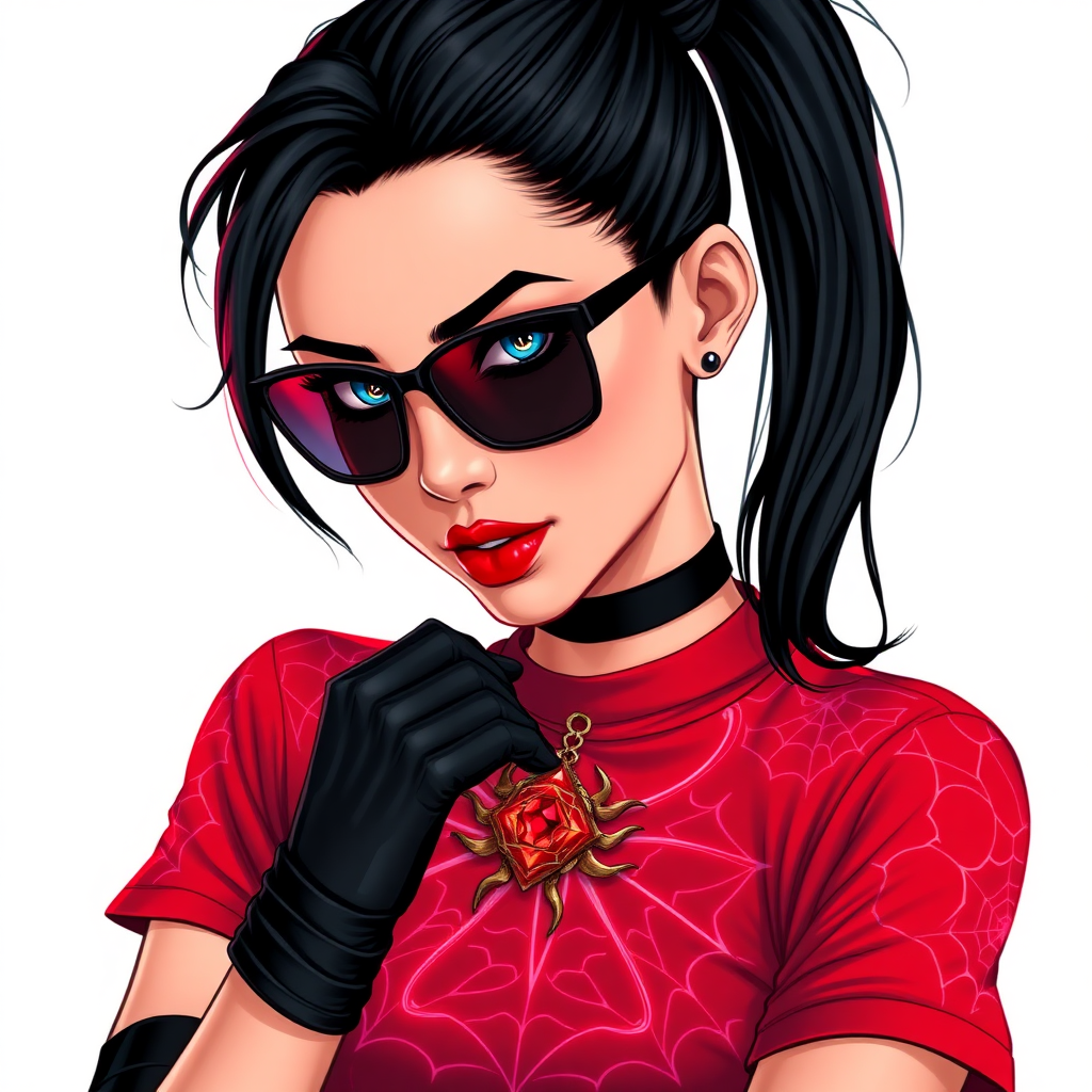 A 26-year-old mystical corporate hero hunter with a sleek black ponytail, maximum red lipstick, striking blue eyes, dressed in a maximum red t-shirt adorned with intricate neon red glowing web patterns, equipped with black biker gloves, and wearing black-lensed shades and a mystical red gemstone amulet featuring an intricate web design that grants her the cunning and trickery of Anansi. She poses flirtatiously against a solid white background, exuding an aura of mystical power and intelligence. She is drawn as if she was in a retro 2D cyberpunk fighting game.