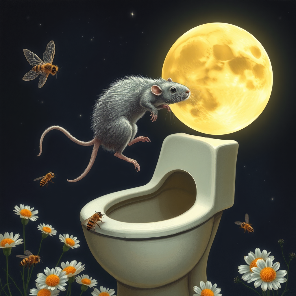 A rat diving off the moon into a toilet, bees, Mongolian