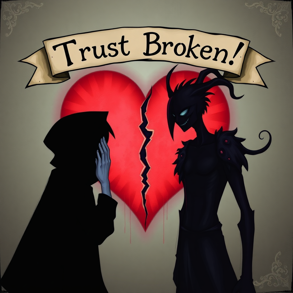 An imaginative scene depicting a shadowy figure whispering secrets to a dark character, with a heart symbol cracked in the background, and a banner overhead that reads, "Trust Broken!"