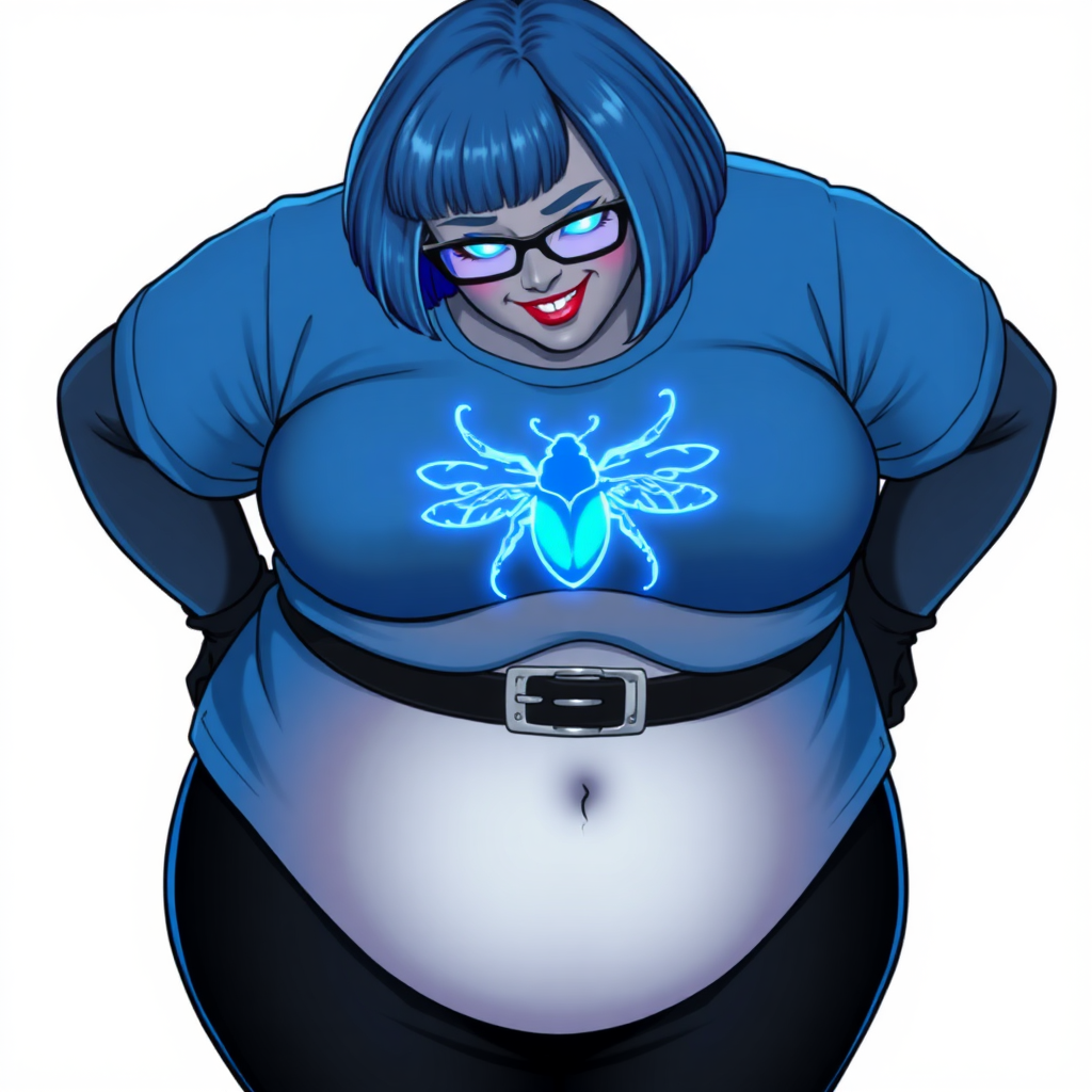 A 28-year-old, full-figured, metallic middle gray skinned cyberpunk computer program hybrid with a short maximum blue bob cut. She has a non-athletic build, highlighted by a prominent, round midsection (with a focus on her round belly). As a digital sidekick to her cyberpunk vigilante boyfriend, her middle gray metallic skin and maximum blue lipstick emphasize her digital nature. She wears a digital, computerized, huge, tight-fitting, maximum blue t-shirt (accentuating her belly) with a neon blue glowing chest icon of a beetle, black pants, a black belt with a neon blue glowing beetle buckle, and black gloves. Her bright blue eyes, black eyeglasses with lenses glowing bright neon blue, and shy smile with neon red blush accentuate her nerdiness. She bashfully bows her head (while still facing the screen) with her hands behind her back, her t-shirt covers her midsection (especially her belly) and emphasizing her full-figured, non-athletic physique. She is on a solid white background. She is drawn as if she was in a retro 2D cyberpunk fighting game. She is clearly non-athletic, with a focus on her full figure. Make sure her outfit covers all of her bare skin (especially her midsection).