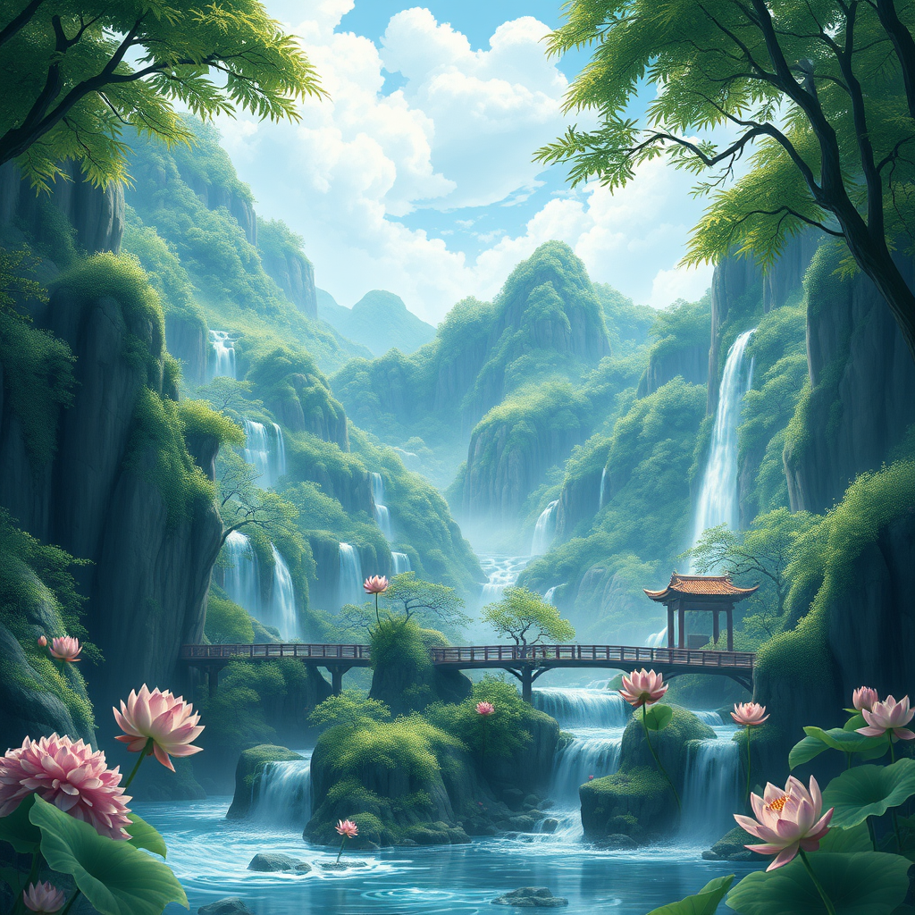 Masterpiece, highest resolution, highest quality, HD, high mountains, green forests, waterfalls, flowing water, small bridges, lotus flowers, lotus leaves, blue sky with white clouds, cartoon landscape style, integrating the characters "Zhu Ce" into the picture in a textured way.