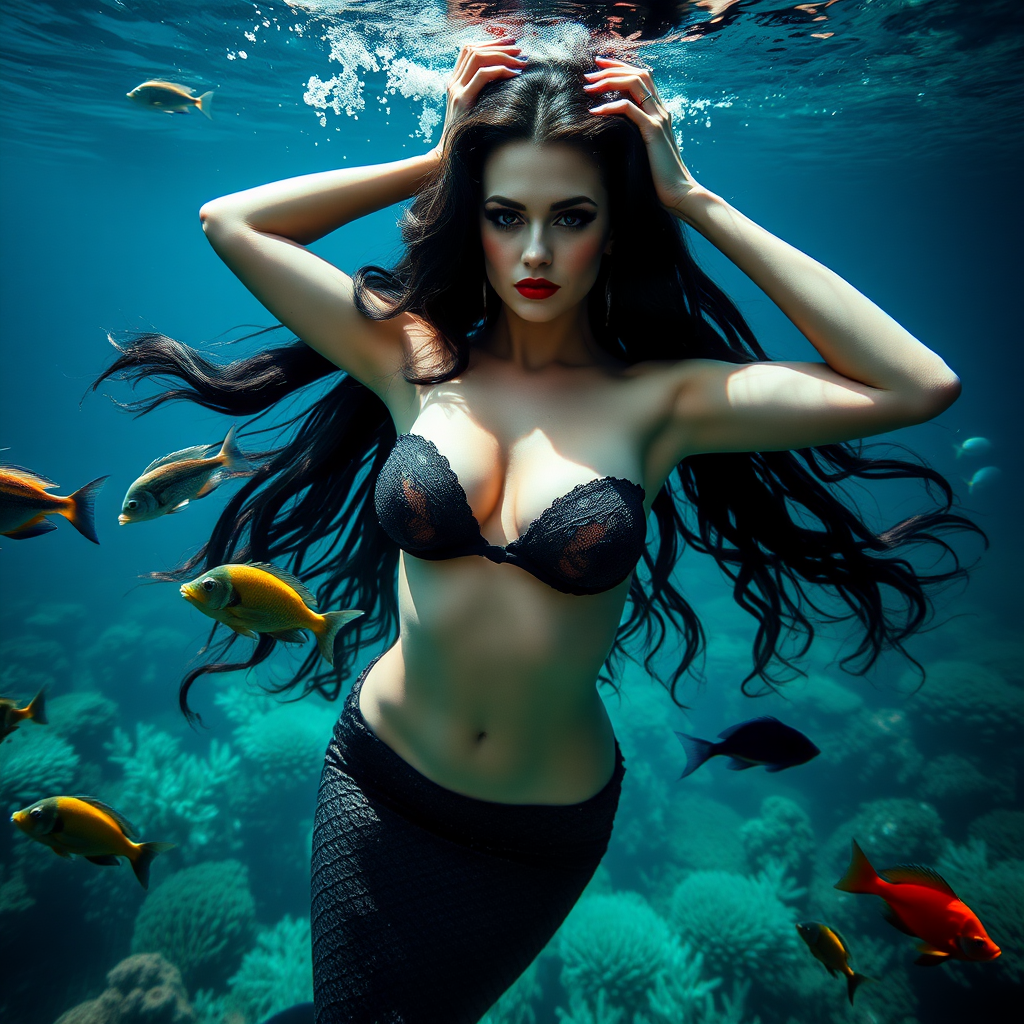 Vampirella as a fit and trim mermaid underwater amazing loose flowing hair floating in a nimbus around her beautiful face her arms outstretched languidly over her head. she's looking down into the viewer's eyes making intense eye contact. modesty protected  by fish. Burlesque. Stunning undersea life details plants and fish and other creatures of the sea. Amazing HD DSLR photographic output.