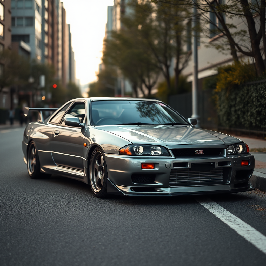 The car is parked on the side of the road, inspired by Taiyō Matsumoto, tumblr, restomod, nd4, c4 metallic shine gray black nissan skyline r34 kalabalik tokyo gece arkaplan