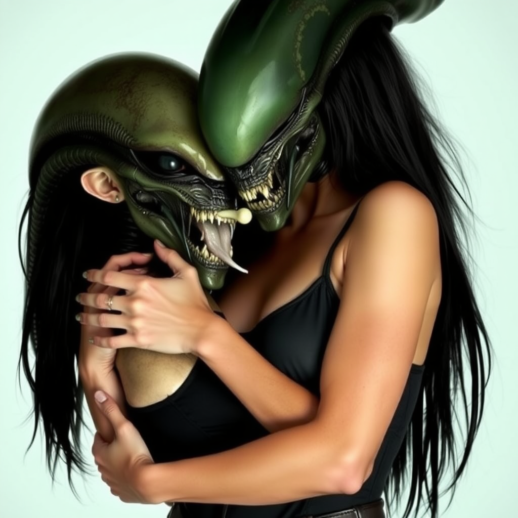 Megan Fox being held by the alien from the film Alien. The alien's face is next to Megan’s, salivating.