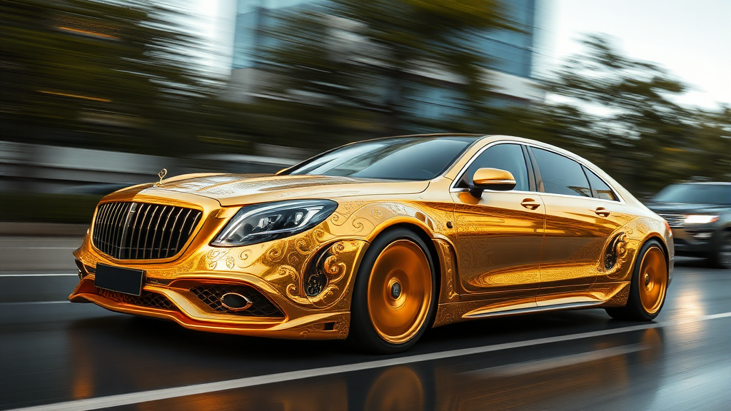 futuristic maybach sedan , A luxurious, gold-plated car adorned with intricate, ornate designs and carvings.  road motion blur