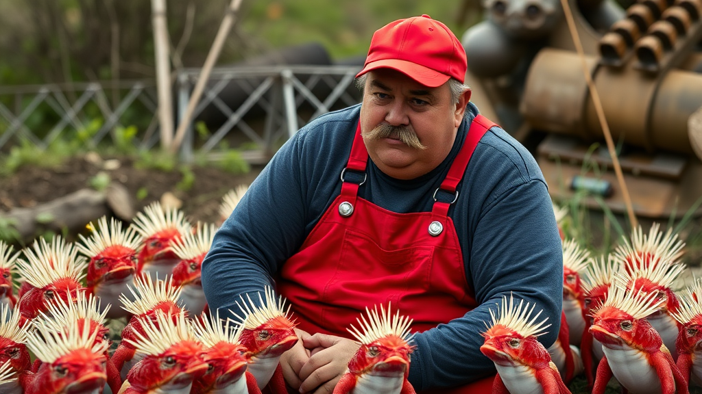 Exterior. Day. A dozen small red-shell creatures with ivory colored spikes surround a heavyset Italian man with a large mustache, red cap, and red overalls over a long-sleeve dark grey shirt.