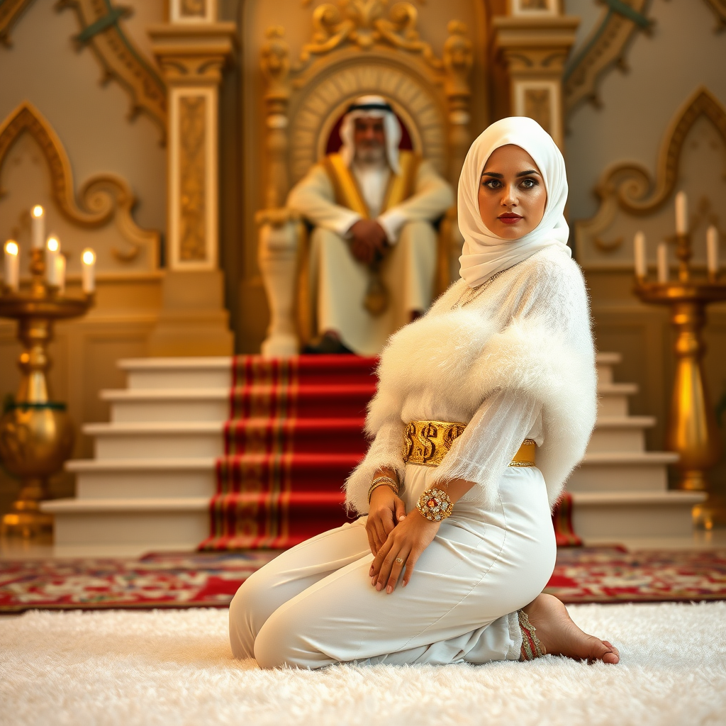 Kuwait desert palace throne room, throne raised on stair head, old overweight mighty sheik sitting on throne. In front of stairs, kneeling on white fluffy carpet: Melissa, European 17 years old very convincing femboy “trophy-bimbo”, tamed servile docile, rather short, by hormones very curvaceous womanly figured, platinum blond short tight curls, heavily made-up eyes, wearing Supertanya-style fluffy very fuzzy bright white angora turtleneck-poncho cropped ending under bust decorated with pearls and gemstones, striking oriental wide gold bridal protection belt, white fully transparent harem pants, full Oriental bridal jewelry, face covered by white sheer full Burka, coin anklets, striking diamond “$$$” letter brooch on left chest, pout frustrated, hands tied behind back, looking at camera. Focus on face and turtleneck-poncho, side perspective.