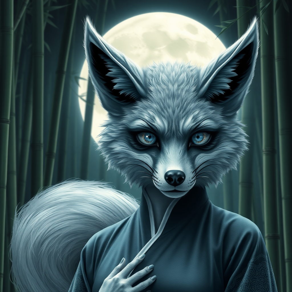 a scary look silver nine-tail-fox with blue eyes and the face of an Korean woman, dressed in a hanbok with one breast to see, in front the full moon in a bamboo forest