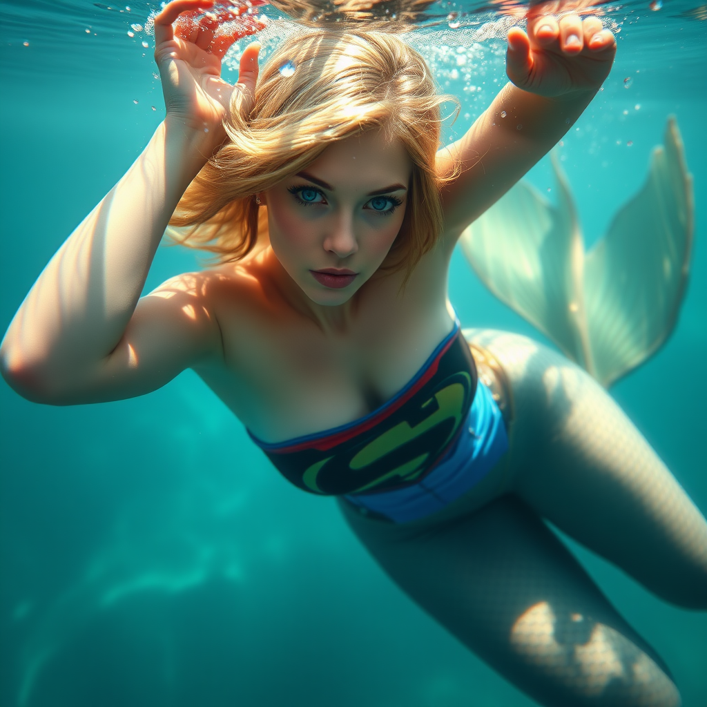 Supergirl as a mermaid. She's floating underwater with arms up. She's looking intensely at the viewer of the photo. The eye contact is palpable and mystical. Her short hair floats like a beautiful nimbus around her head and her shiny scaled tail is curled beside her. Gossamer Diaphanous. HD DSLR Photo