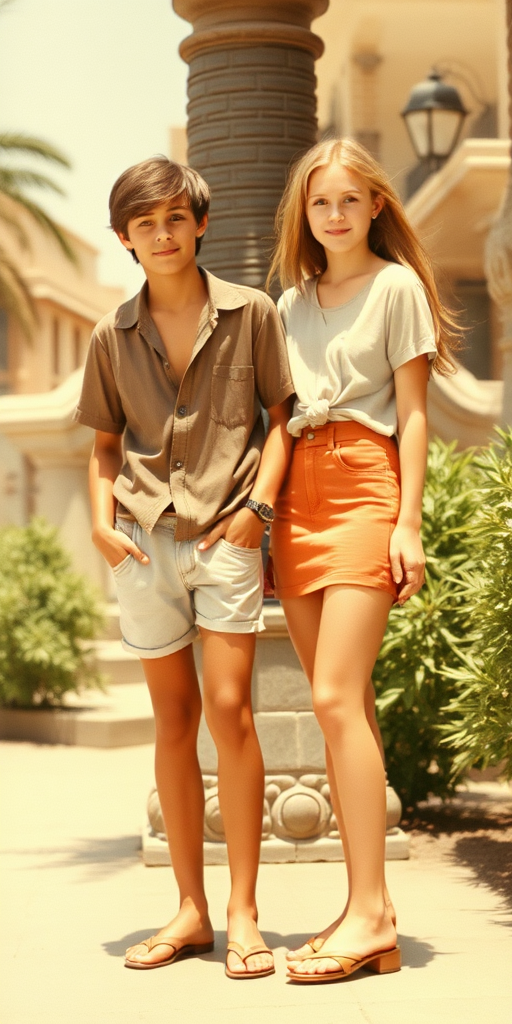 Vintage photo, 1980s. Hot summer. Mars. A tall skinny 13yo teen boy wearing short shirt, tight booty shorts, long legs, bare thighs. With a girl wearing shirt, long skirt. Full length view.