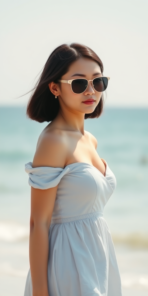 A Chinese girl, wearing sunglasses, with short hair, gentle and generous, slightly plump, with full thighs, a curvy bottom, very small breasts, sunny, beach, sea, beauty, dress, taking a walk.