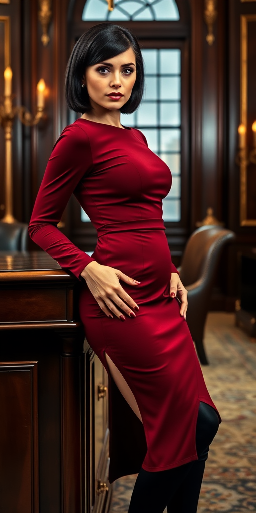 In an opulent office, a powerful woman leans against an ebony desk.

Her face is beautiful, with prominent cheekbones. Dark eyes. Dark brown hair is styled in a sleek chin-length bob.

She wears a deep dark red dress that clings to her figure, with a high-cut side split. The dress accentuates her confident and graceful demeanor. She wears black thigh-high boots.