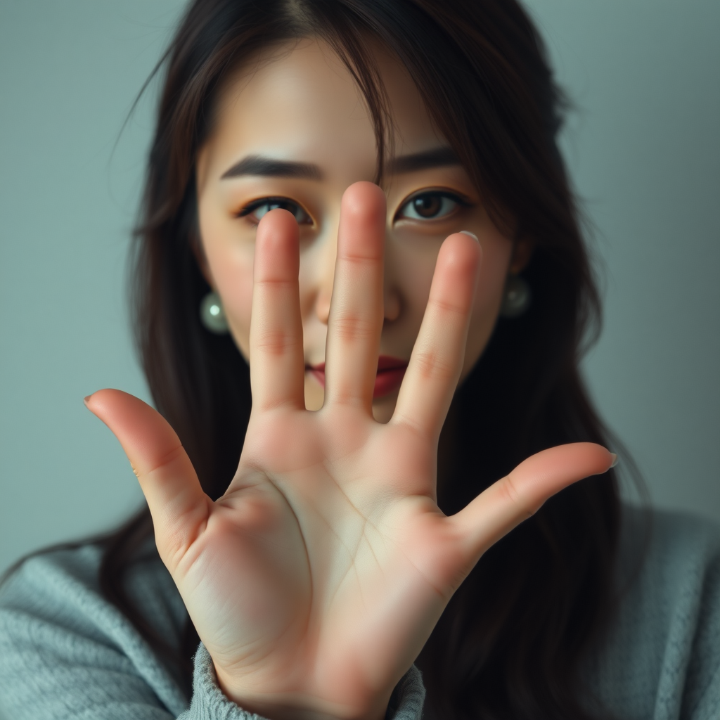 photorealistic Korean woman holds her outstretched hand palm up to eye level