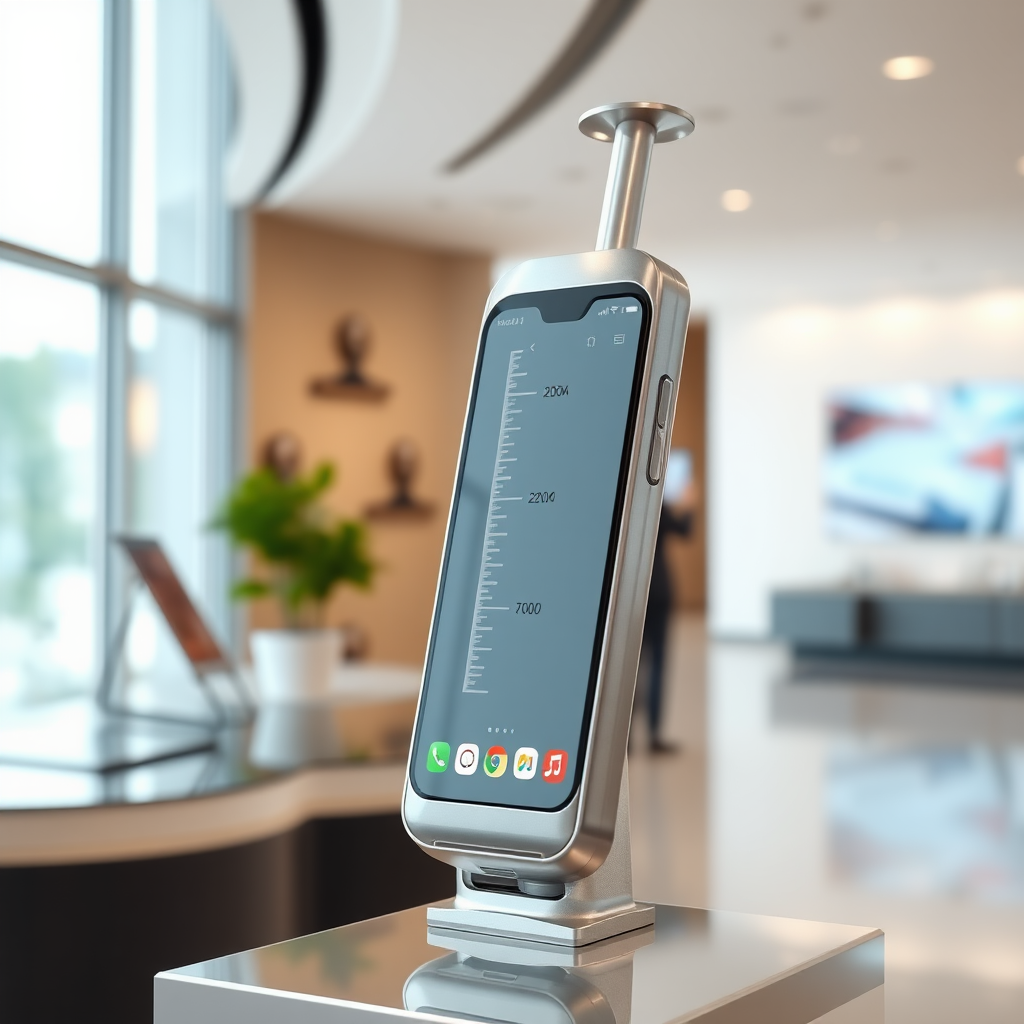 A mobile phone in the shape inspired by a syringe, metallic futuristic, kept for sale, in a showroom, metallic body, touchscreen phone with on-screen.