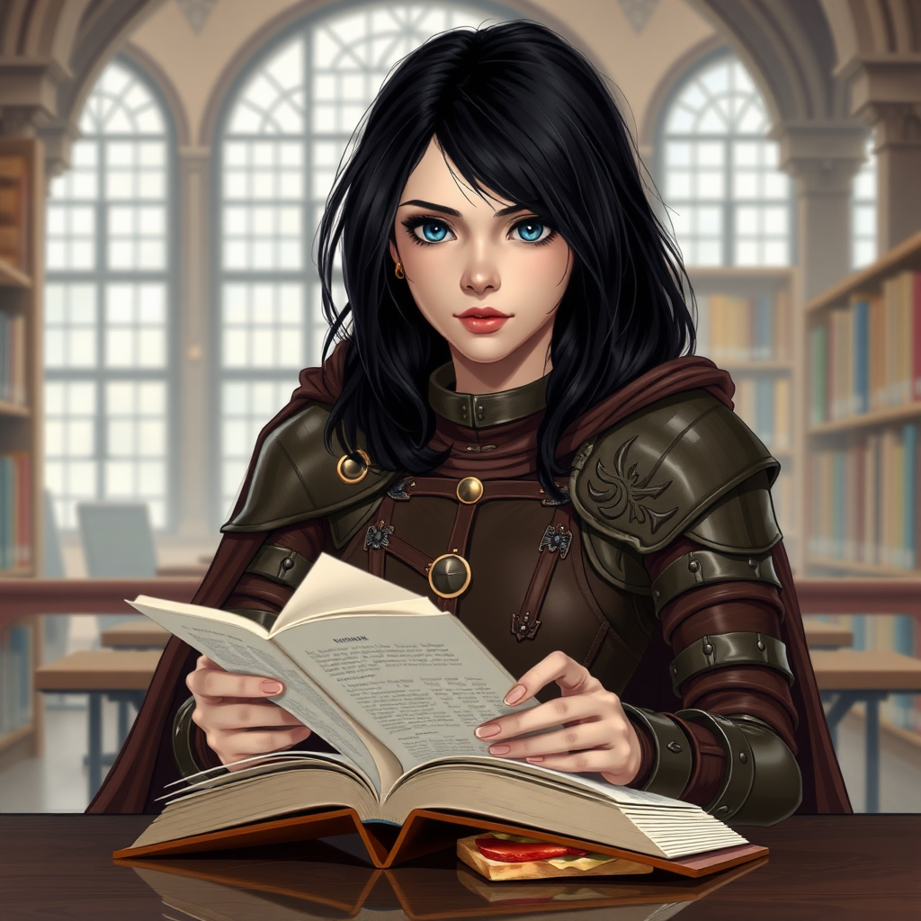 beautiful young woman, dark hair, past her shoulders, blue eyes, small, slim figure, wearing full leather armor suit, long cloak, reading a book at a table, with sandwich on the table, in a large school library.