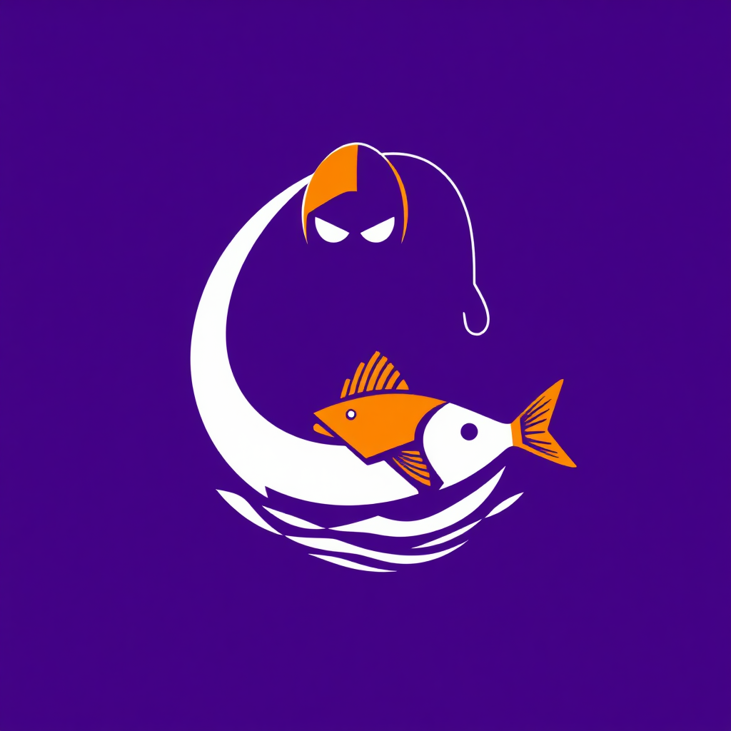 Purple orange white Logo representing phishing thieves with a hook and fishing line and fish and mail and water.