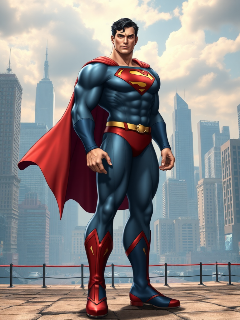 Generate a full-length character image of Superman, with the distinct body features of Street Fighter's R. Mika. Retain Superman's iconic costume but embellish it with elements from R. Mika's outfit. Superman should have the same muscular and curvaceous physique as R. Mika, including her strong legs, broad shoulders, and toned waist. His facial features should remain intact, excluding R. Mika's hair. For the background, create an amalgamation of Metropolis and a Street Fighter battleground to reflect their respective settings. Ensure the character's body traits are highlighted perfectly.