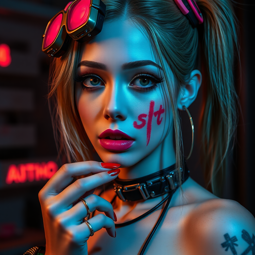 Real detailed full body photo of Sexy cyberpunk waifu, real life, “slut” written in lipstick