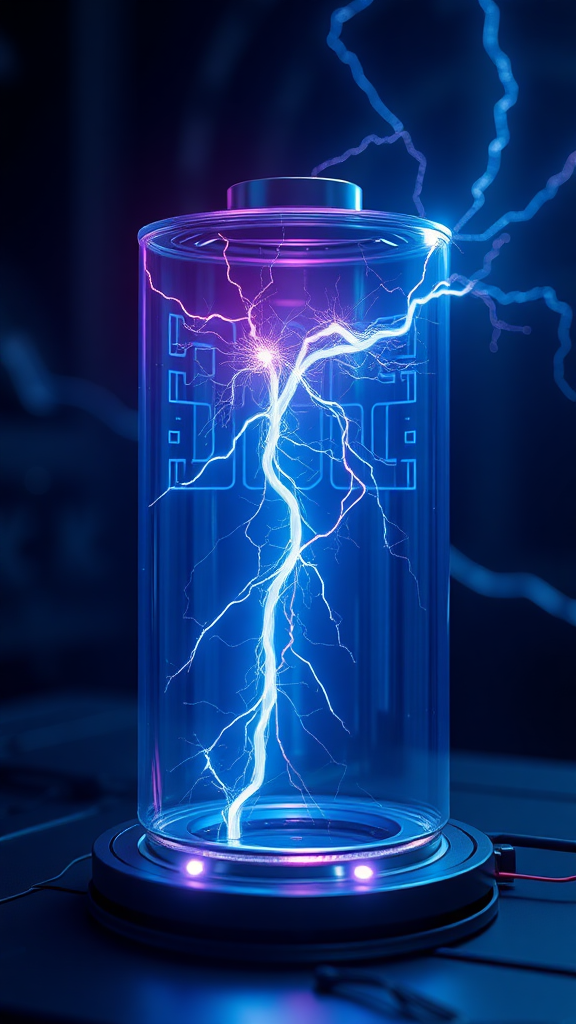 The appearance of an electric spark in a secondary battery cell, please express it as a realistic image using 3D rendering, express the background as a cybernetic and mysterious image, and express the overall color as dark blue.