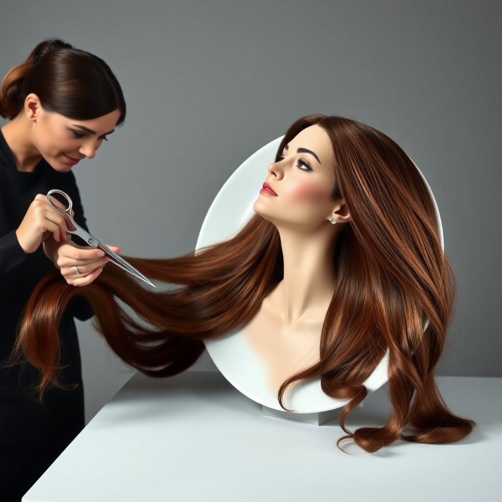 In a strikingly surreal scene, a beautifully crafted porcelain plate holds the disembodied head of a graceful Kate Middleton, her long, flowing hair cascading around like a luxurious waterfall of silky strands, shimmering in various shades of deep chestnut. Each hair seems to catch the light, creating an almost ethereal glow. Nearby, a meticulous hairdresser, dressed in a sleek black apron, carefully snips away at Kate's locks with precision scissors, their actions fluid and deliberate, emphasizing the delicate artistry of the moment.

The setting boasts minimalist decor, with a plain gray background that heightens the focus on this bizarre tableau. Soft shadows play across the smooth surface of the plate, enhancing the haunting beauty of Kate's serene expression, which conveys both elegance and an uncanny sense of stillness. The atmosphere is a blend of surreal calm and unsettling intrigue, pulling the viewer into a dreamlike space where reality and imagination intertwine. Gentle noises of scissors softly clipping away hair are the only sounds in this peculiar yet captivating scenario, heightening the tension and drawing viewers into this striking juxtaposition of beauty and the bizarre.