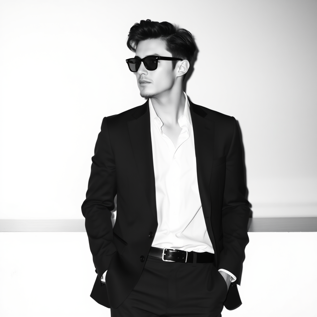 black white 
a attractive man in a suit leaning on a white wall 
90s style