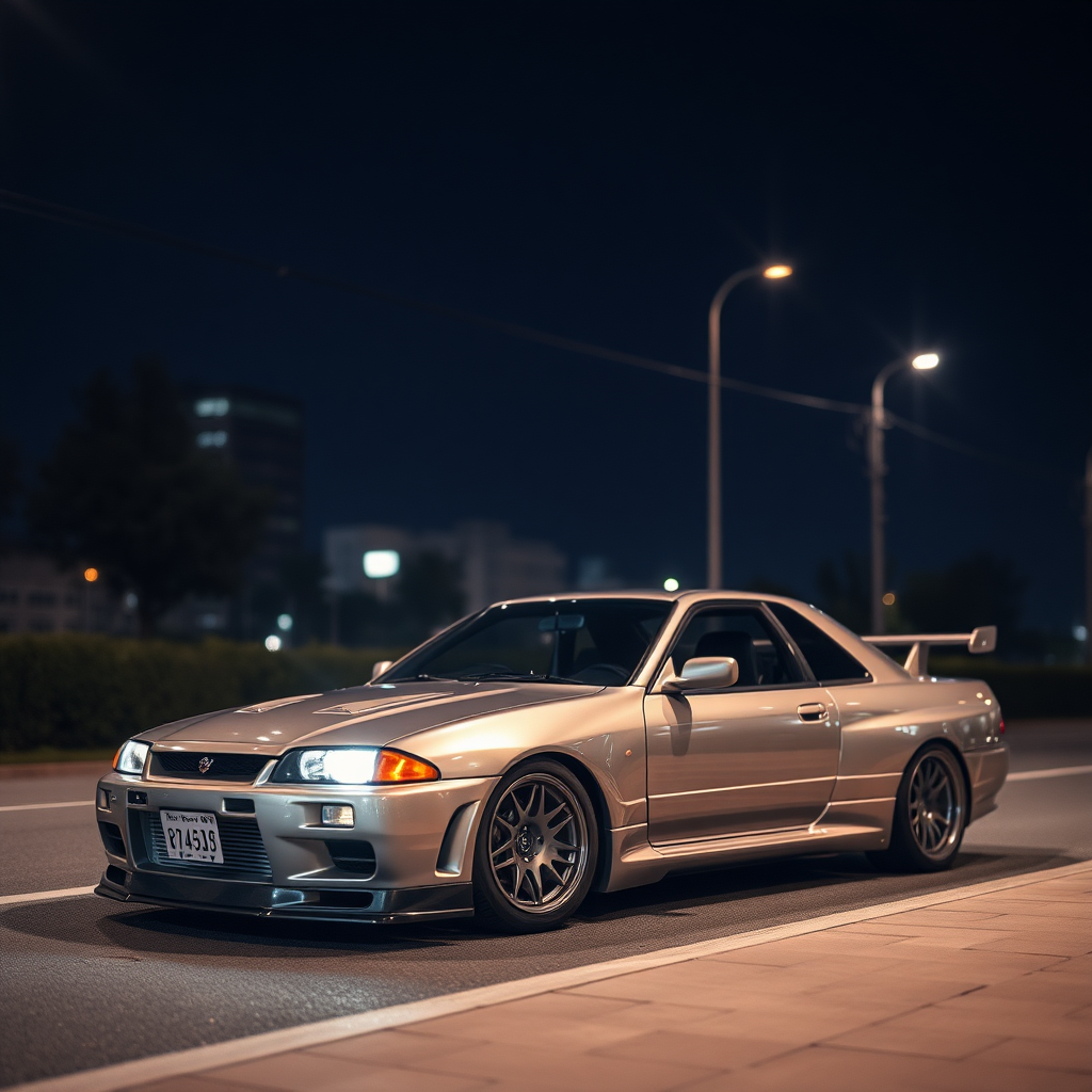 the car is parked on the side of the road, inspired by Taiyō Matsumoto, tumblr, restomod, nd4, c4 metallic shine nissan skyline r34