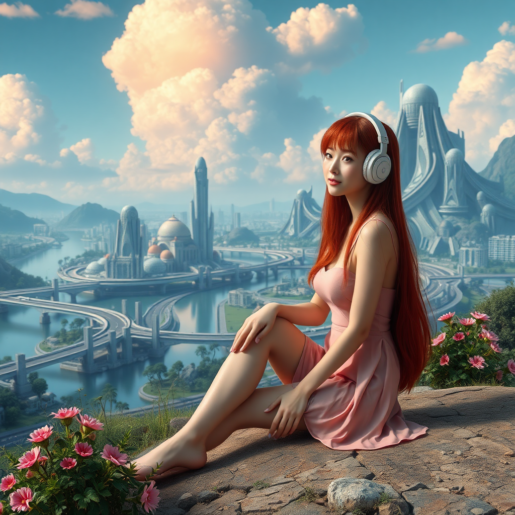 pretty Asian woman with long red hair in pretty short dress, sitting on the ground with headphones, on an alien planet with a futuristic city with nice greenery, flowers, and waterscapes, and nice clouds, highways and streets, ultra-realistic view and ultra high cinematic detail